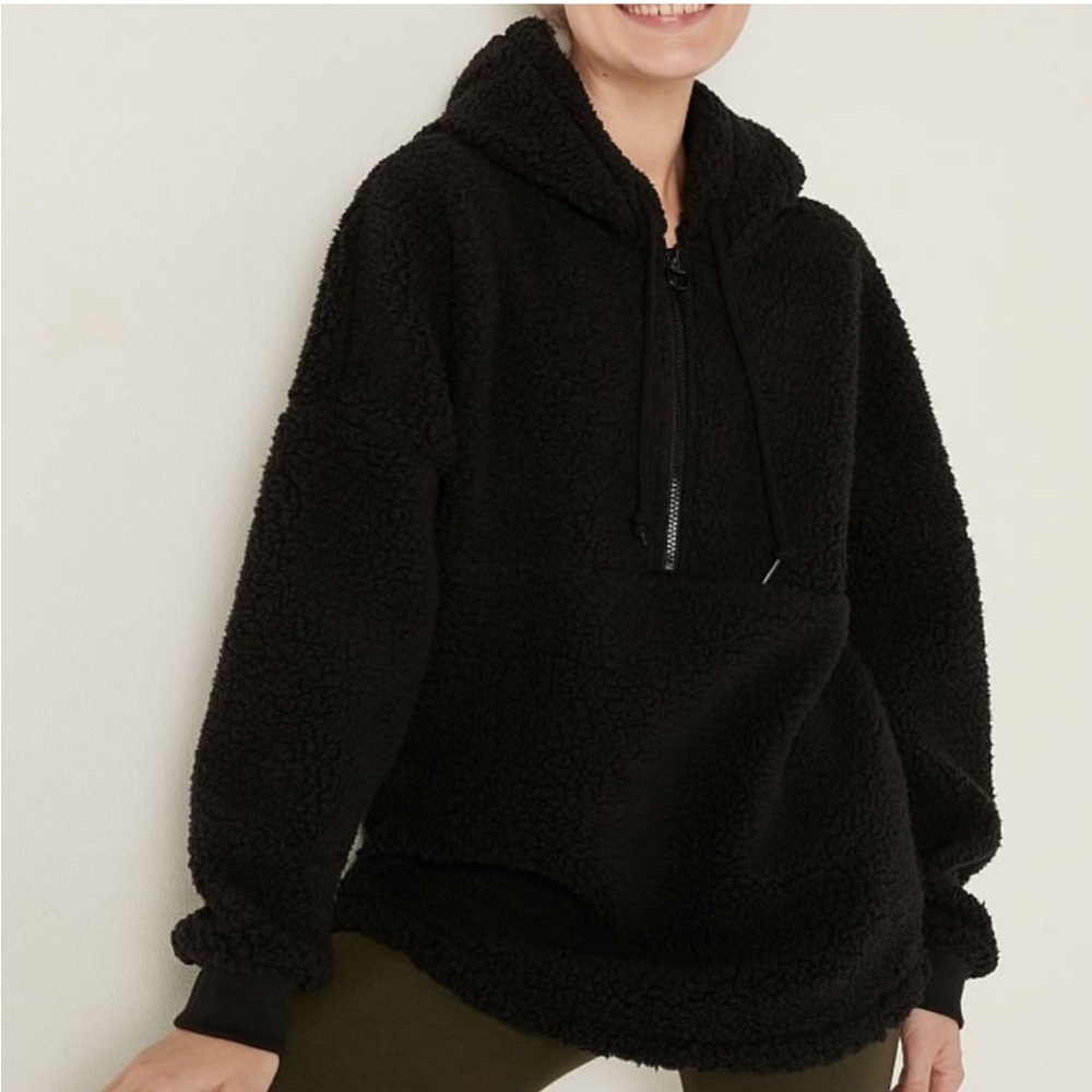 PINK VICTORIA’S SECRET Varsity Sherpa Half Zip Pullover Pure Black Medium NWT